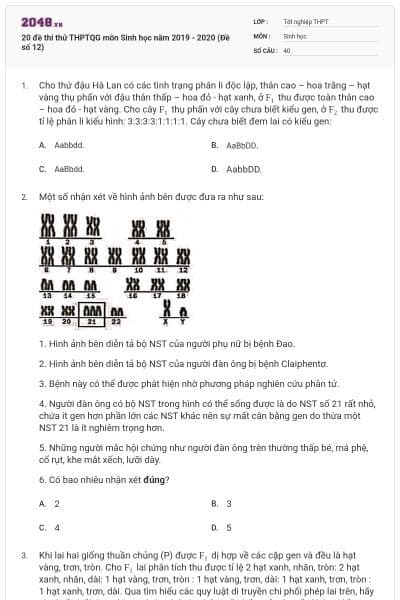 20 đề thi thử THPTQG môn Sinh học năm 2019 - 2020 (Đề số 12)