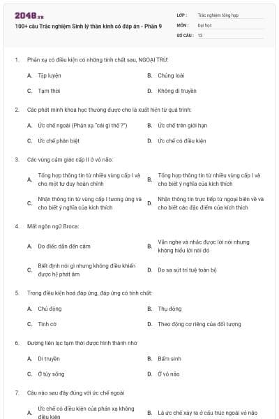 100+ câu Trắc nghiệm Sinh lý thần kinh có đáp án - Phần 9