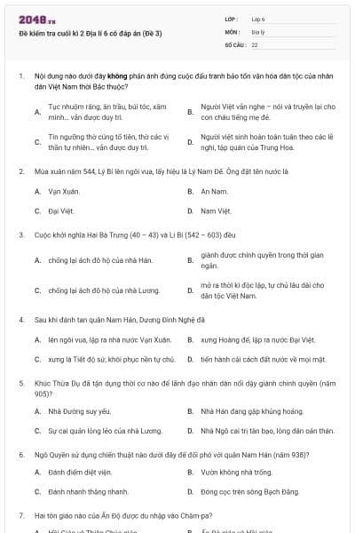 Đề kiểm tra cuối kì 2 Địa lí 6 có đáp án (Đề 3)