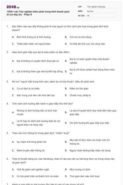 1000+ câu Trắc nghiệm Đàm phán trong kinh doanh quốc tế (có đáp án) - Phần 8