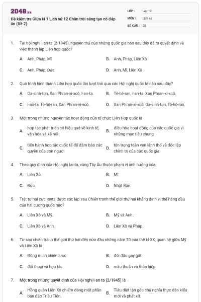 Đề kiểm tra Giữa kì 1 Lịch sử 12 Chân trời sáng tạo có đáp án (Đề 2)