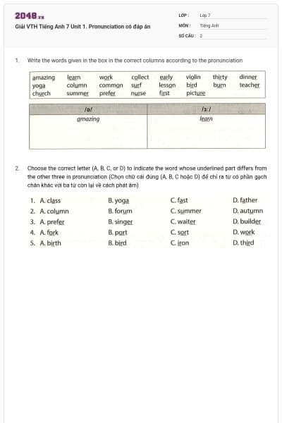 Giải VTH Tiếng Anh 7 Unit 1. Pronunciation có đáp án