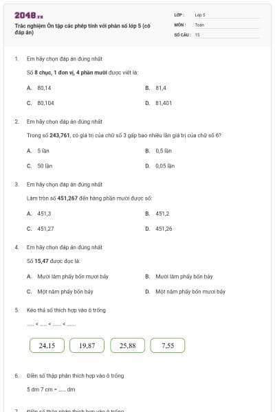 Trắc nghiệm Ôn tập các phép tính với phân số lớp 5 (có đáp án)