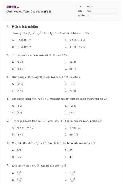 Đề thi Học kì 2 Toán 10 có đáp án (Đề 2)