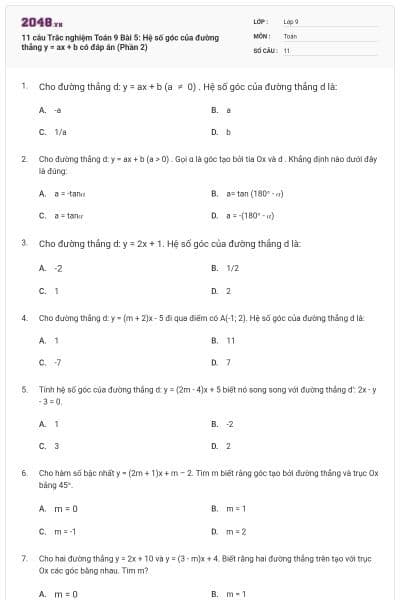 11 câu Trắc nghiệm Toán 9 Bài 5: Hệ số góc của đường thẳng y = ax + b có đáp án (Phần 2)