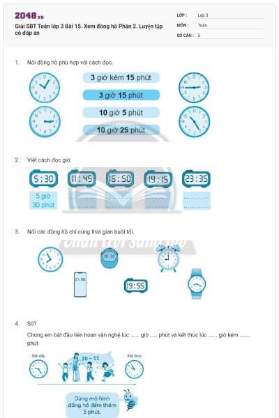 Giải SBT Toán lớp 3 Bài 15. Xem đồng hồ Phần 2. Luyện tập có đáp án