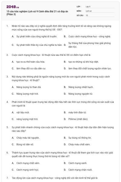 15 câu trắc nghiệm Lịch sử 9 Cánh diều Bài 21 có đáp án (Phần 3)