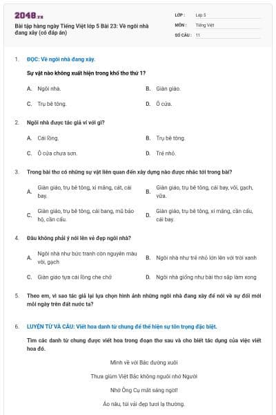 Bài tập hàng ngày Tiếng Việt lớp 5 Bài 23: Về ngôi nhà đang xây (có đáp án)