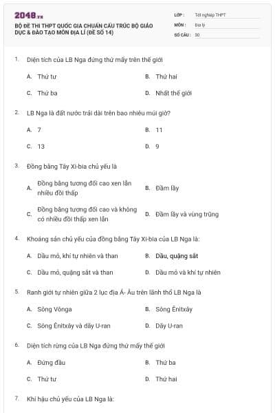 BỘ ĐỀ THI THPT QUỐC GIA CHUẨN CẤU TRÚC BỘ GIÁO DỤC & ĐÀO TẠO MÔN ĐỊA LÍ (ĐỀ SỐ 14)