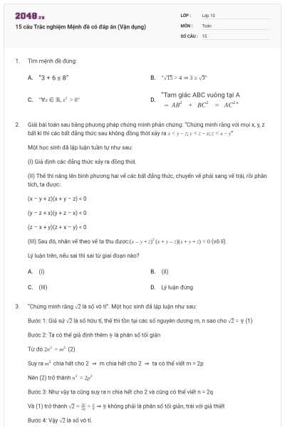 15 câu Trắc nghiệm Mệnh đề có đáp án (Vận dụng)