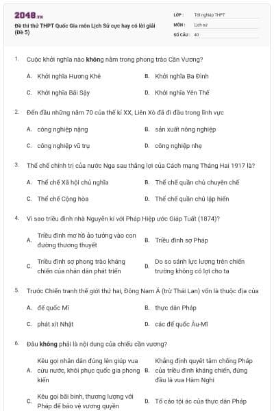 Đề thi thử THPT Quốc Gia môn Lịch Sử cực hay có lời giải (Đề 5)