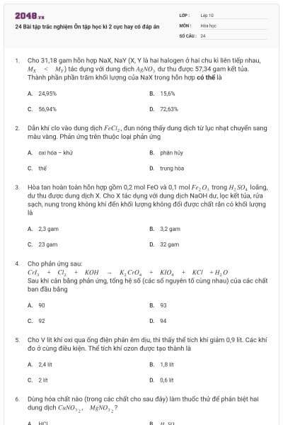 24 Bài tập trắc nghiệm Ôn tập học kì 2 cực hay có đáp án