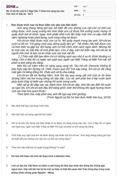 Bộ 10 đề thi cuối kì 2 Ngữ Văn 7 Chân trời sáng tạo cấu trúc mới có đáp án - Đề 6