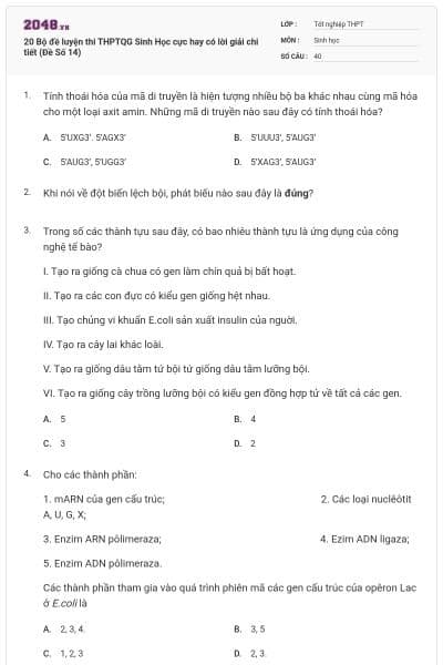 20 Bộ đề luyện thi THPTQG Sinh Học cực hay có lời giải chi tiết (Đề Số 14)