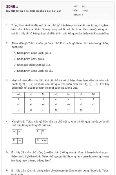 Giải SBT Tin học 3 Bài 3: Gõ các chữ ă, â, ê, ô, ơ, ư, đ