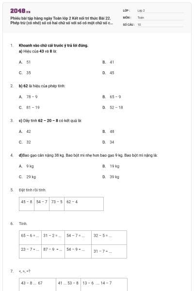 Phiếu bài tập hàng ngày Toán lớp 2 Kết nối tri thức Bài 22. Phép trừ (có nhớ) số có hai chữ số với số có một chữ số có đáp án