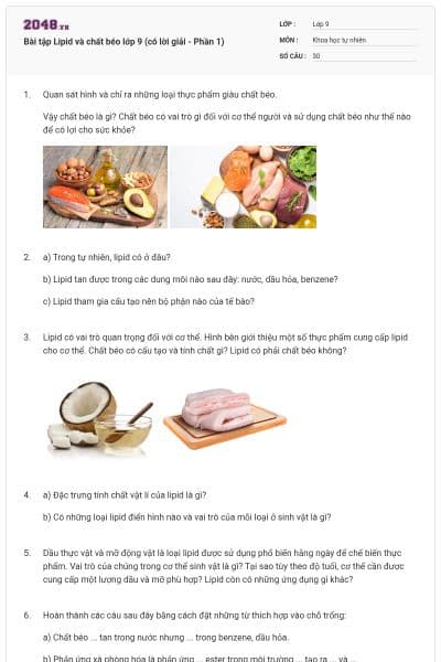 Bài tập Lipid và chất béo lớp 9 (có lời giải - Phần 1)