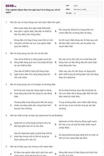 Trắc nghiệm Mạch điện đơn giản lớp 8 (có đúng sai, trả lời ngắn)