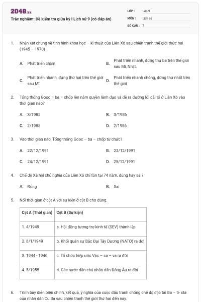 Trắc nghiệm: Đề kiểm tra giữa kỳ I Lịch sử 9 (có đáp án)