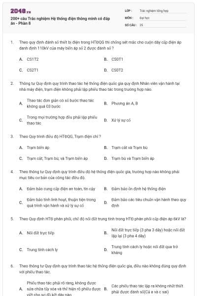 200+ câu Trắc nghiệm Hệ thống điện thông minh có đáp án - Phần 8