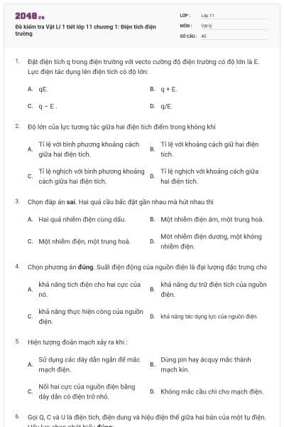 Đề kiểm tra Vật Lí 1 tiết lớp 11 chương 1: Điện tích điện trường