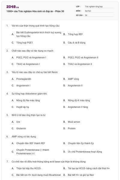 1000+ câu Trắc nghiệm Hóa sinh có đáp án - Phần 30
