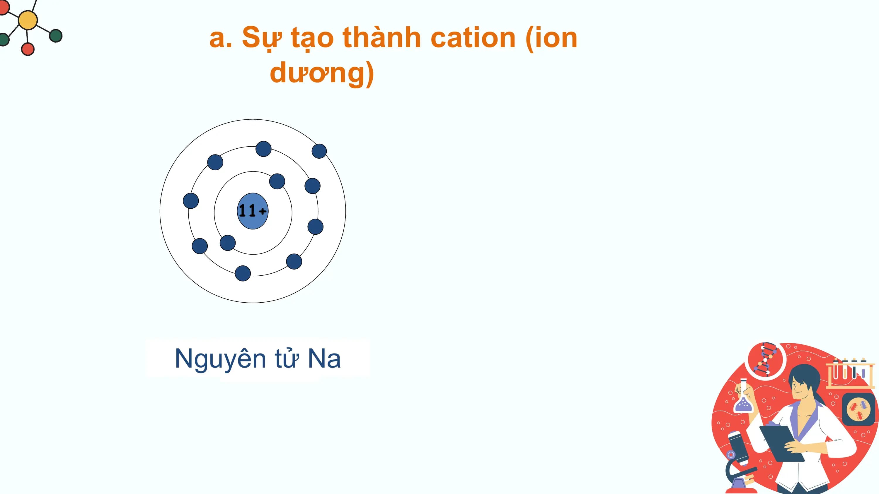 a. Sự tạo thành cation (ion
 dương)

 B
 11+

 Na
Nguyên tử
 + Na