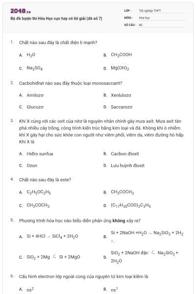 Bộ đề luyện thi Hóa Học cực hay có lời giải (đề số 7)