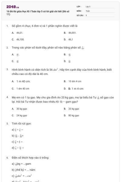 16 Đề thi giữa Học Kì I Toán lớp 5 có lời giải chi tiết (Đề số 11)