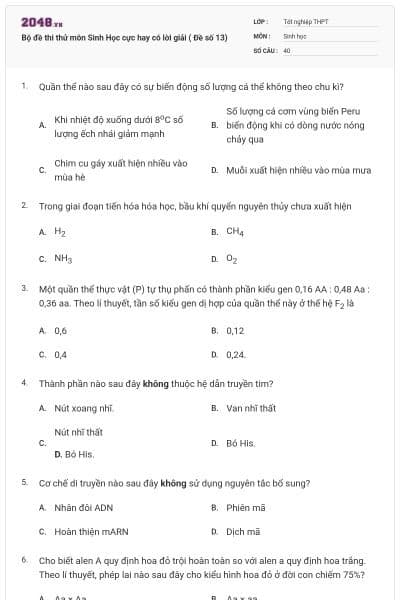 Bộ đề thi thử môn Sinh Học cực hay có lời giải ( Đề số 13)