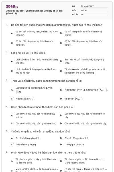 30 đề thi thử THPTQG môn Sinh học Cực hay có lời giải (Đề số 18)