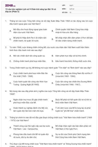15 câu trắc nghiệm Lịch sử 9 Chân trời sáng tạo Bài 18 có đáp án (Phần 5)