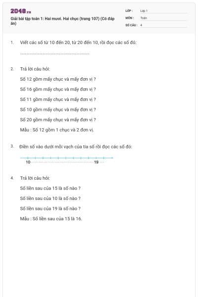 Giải bài tập toán 1: Hai mươi. Hai chục (trang 107) (Có đáp án)