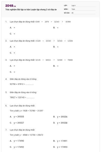 Trắc nghiệm Bài tập cơ bản Luyện tập chung 2 có đáp án
