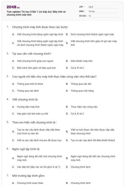 Trắc nghiệm Tin học 8 Bài 1 (có đáp án): Máy tính và chương trình máy tính