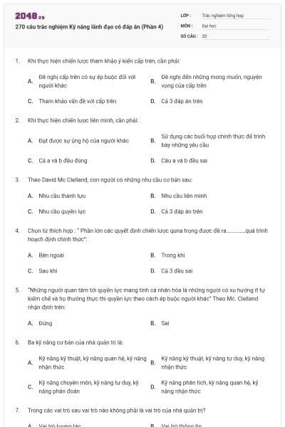 270 câu trắc nghiệm Kỹ năng lãnh đạo có đáp án (Phần 4)