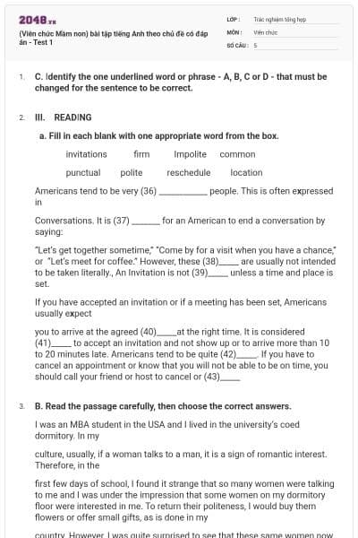 (Viên chức Mầm non) bài tập tiếng Anh theo chủ đề có đáp án - Test 1