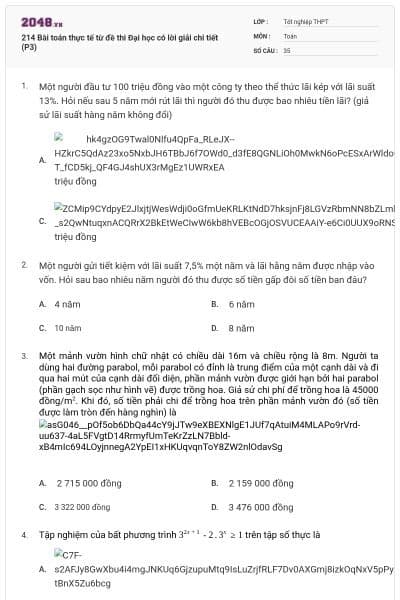 214 Bài toán thực tế từ đề thi Đại học có lời giải chi tiết (P3)