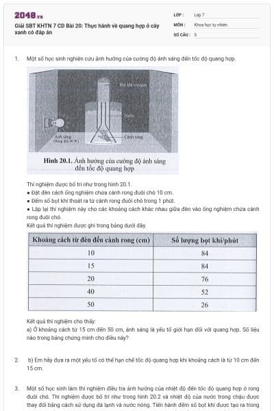 Giải SBT KHTN 7 CD Bài 20: Thực hành về quang hợp ở cây xanh có đáp án