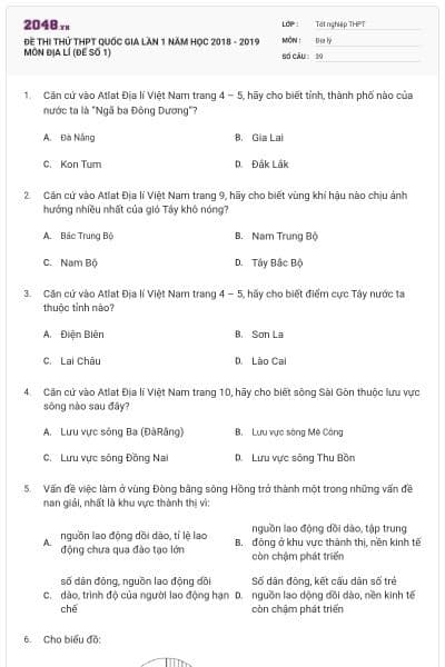 ĐỀ THI THỬ THPT QUỐC GIA LẦN 1 NĂM HỌC 2018 - 2019 MÔN ĐỊA LÍ (ĐẾ SỐ 1)