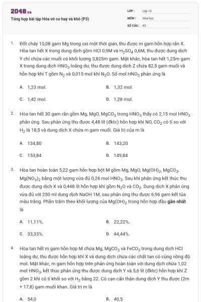 Tổng hợp bài tập Hóa vô cơ hay và khó (P3)