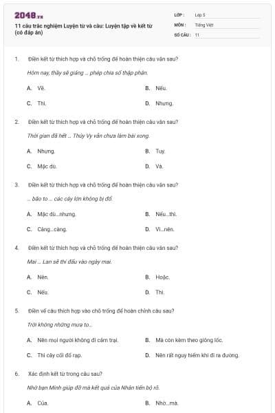 11 câu trắc nghiệm Luyện từ và câu: Luyện tập về kết từ (có đáp án)