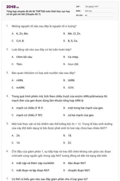 Tổng hợp chuyên đề đề thi THPTQG môn Sinh Học cực hay có lời giải chi tiết (Chuyên đề 7)