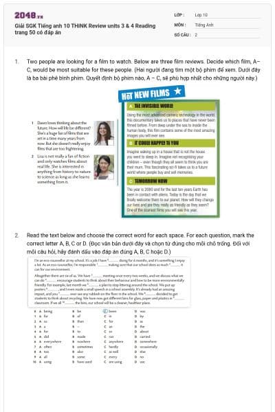 Giải SGK Tiếng anh 10 THiNK Review units 3 & 4 Reading trang 50 có đáp án