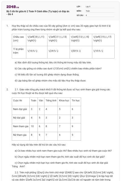 Bộ 5 đề thi giữa kì 2 Toán 9 Cánh diều (Tự luận) có đáp án - Đề 4