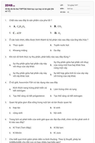 30 Bộ đề thi thử THPTQG Sinh học cực hay có lời giải (Đề số 17)