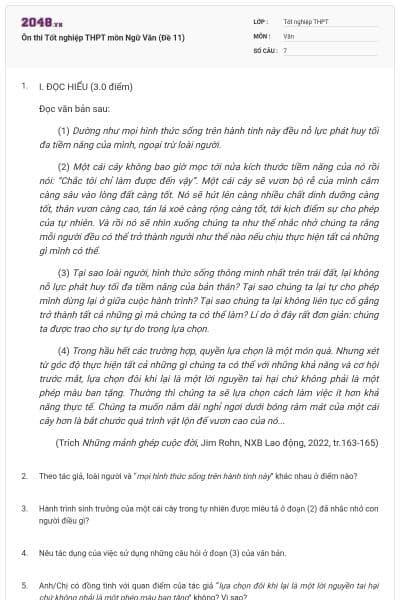 Ôn thi Tốt nghiệp THPT môn Ngữ Văn (Đề 11)