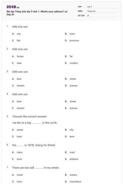 Bài tập Tiếng Anh lớp 5 Unit 1: What's your address? có đáp án