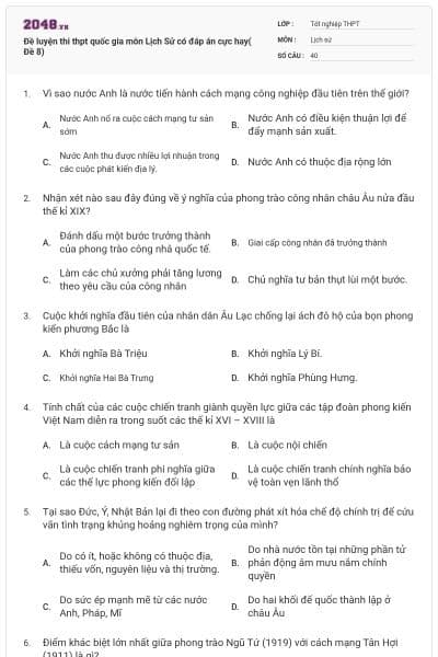 Đề luyện thi thpt quốc gia môn Lịch Sử có đáp án cực hay( Đề 8)