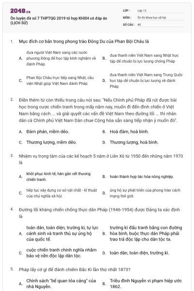 Ôn luyện đề số 7 THPTQG 2019 tổ hợp KHXH có đáp án (LỊCH SỬ)